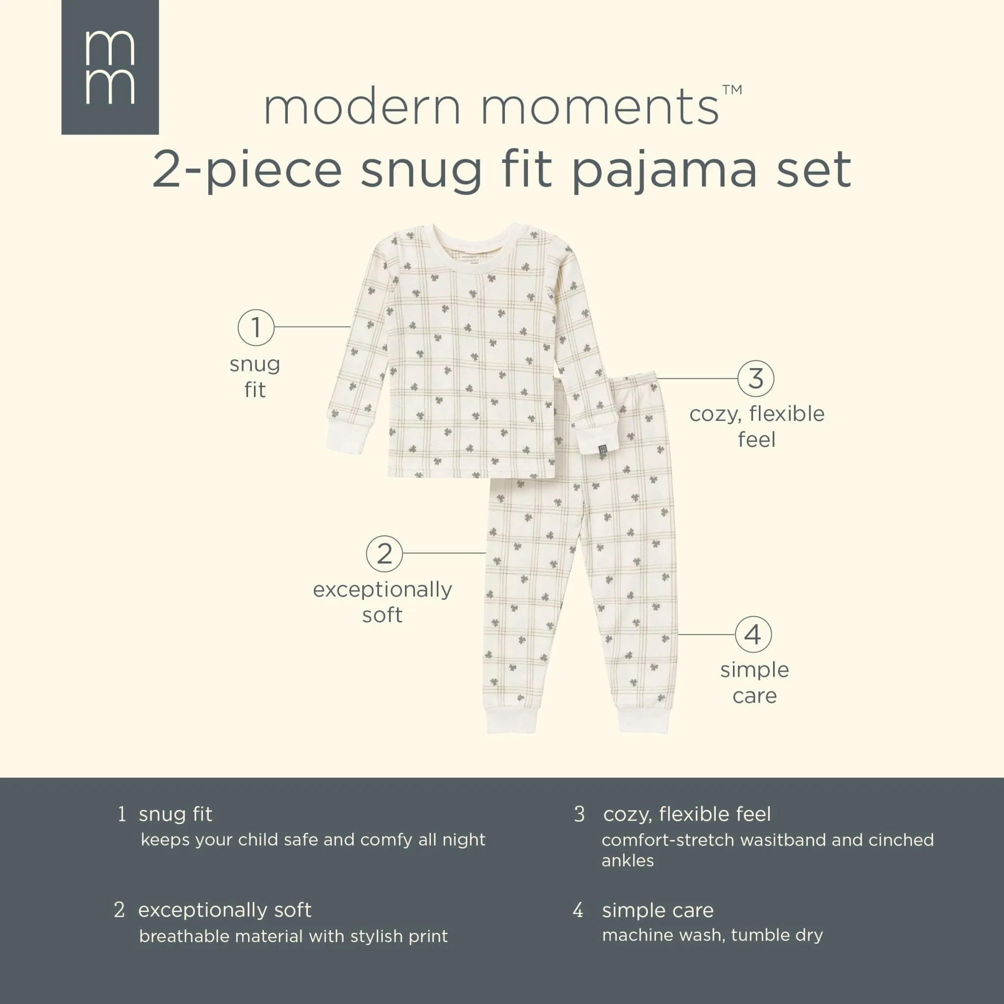 2-Piece Infant & Toddler Neutral Ivory Shamrock Snug Fitting Pajamas Set