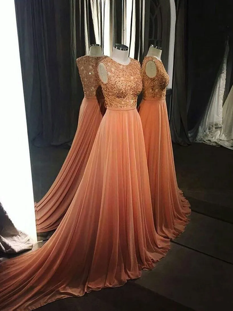 A-line Scoop-Neck Chapel Train Chiffon  Appliqued Elegant Prom Dresses 2784