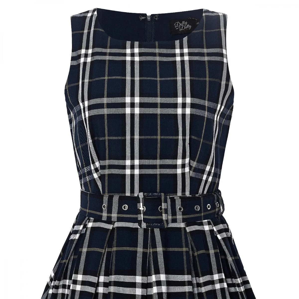 Annie Retro Tartan Sleeveless Swing Dress in Navy Blue