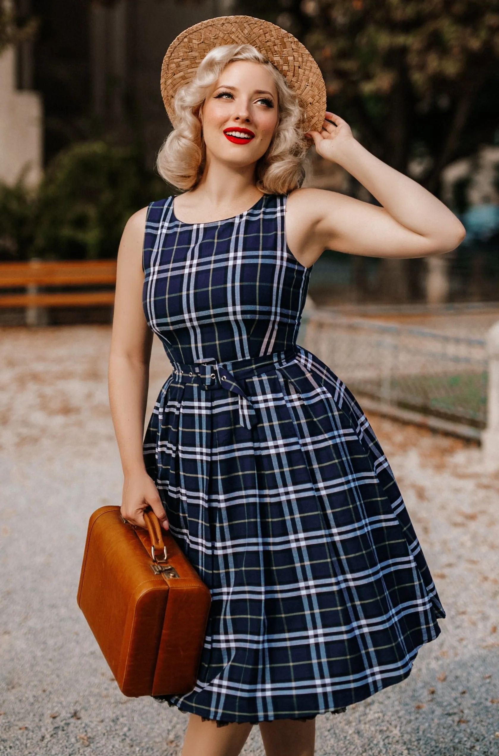 Annie Retro Tartan Sleeveless Swing Dress in Navy Blue