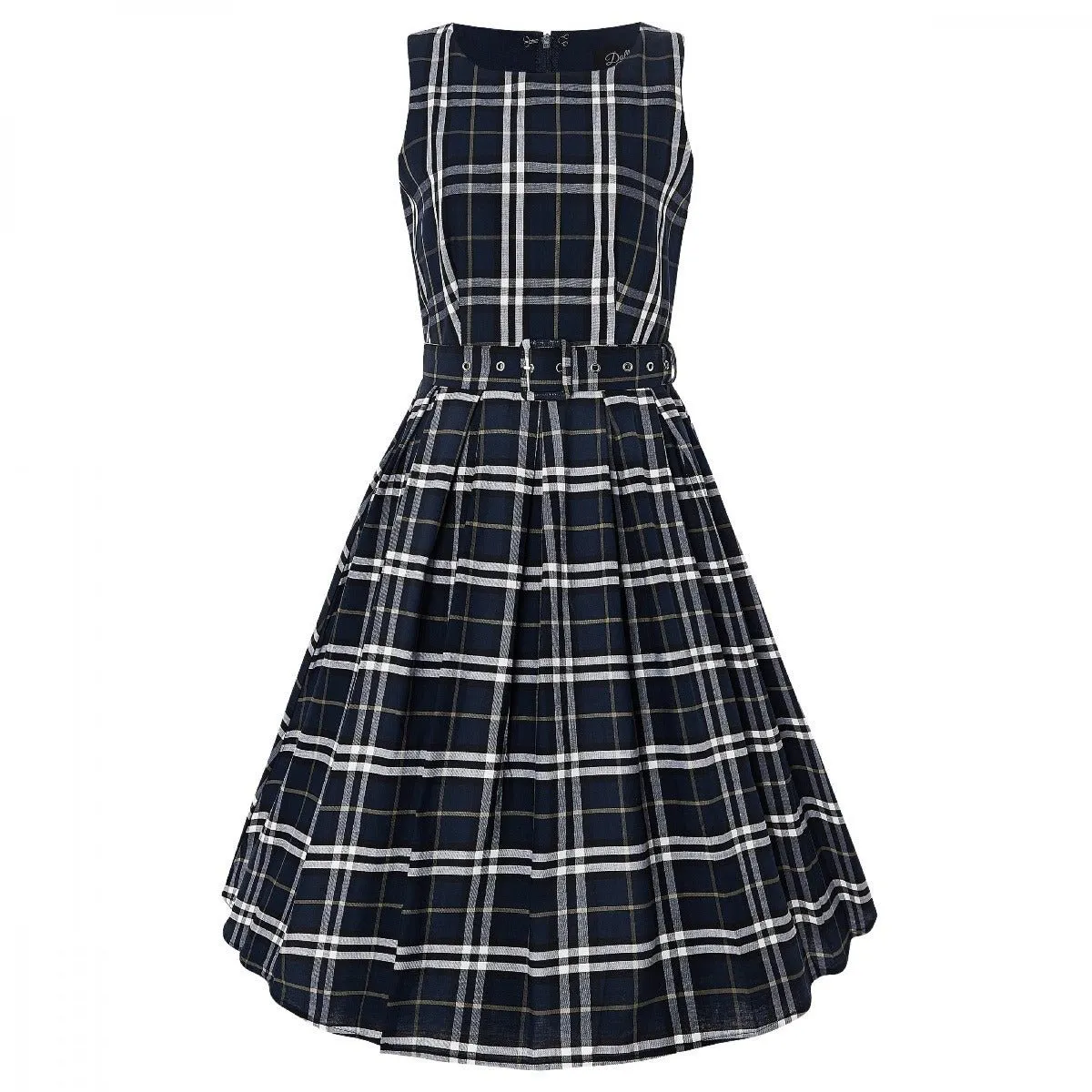 Annie Retro Tartan Sleeveless Swing Dress in Navy Blue