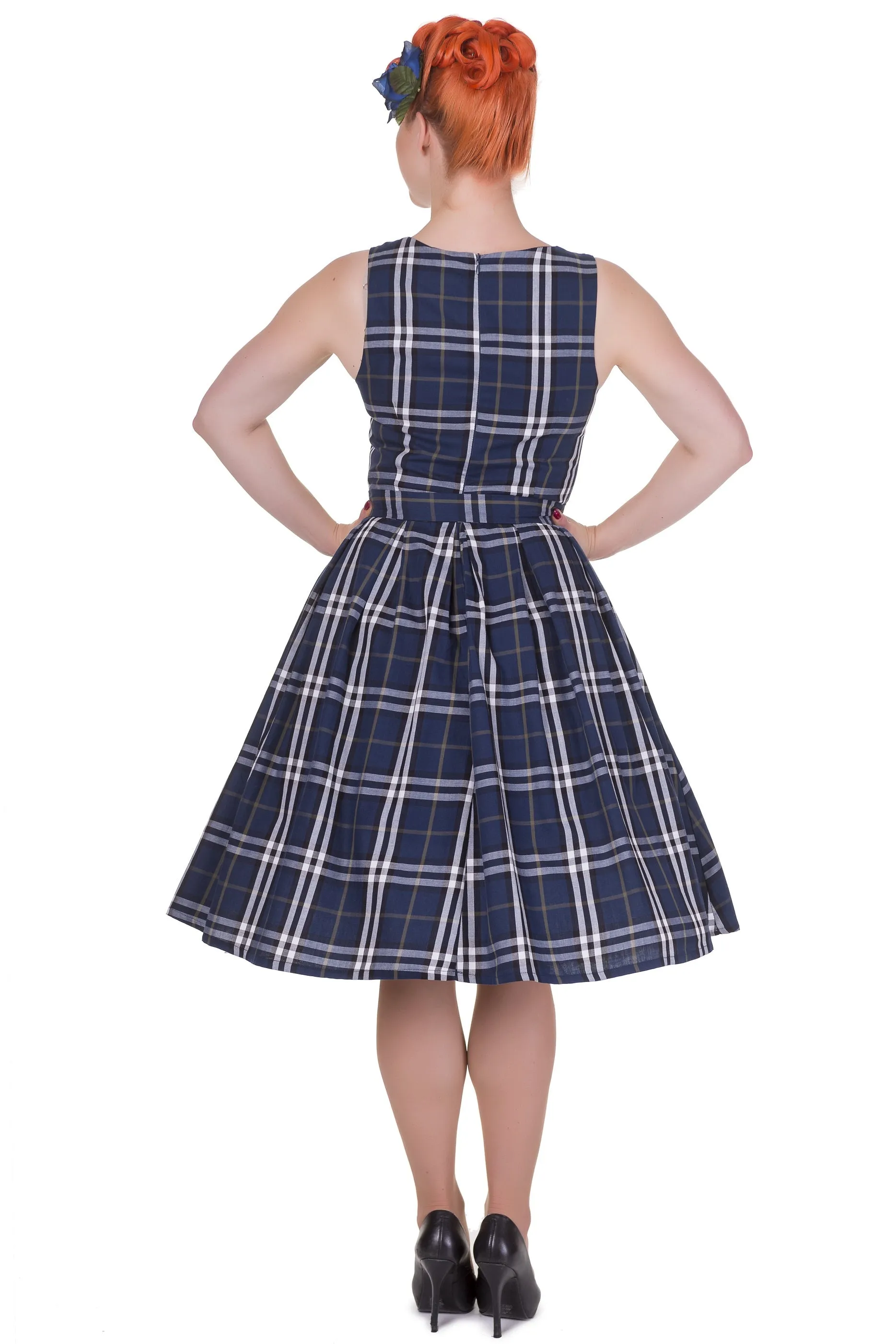 Annie Retro Tartan Sleeveless Swing Dress in Navy Blue