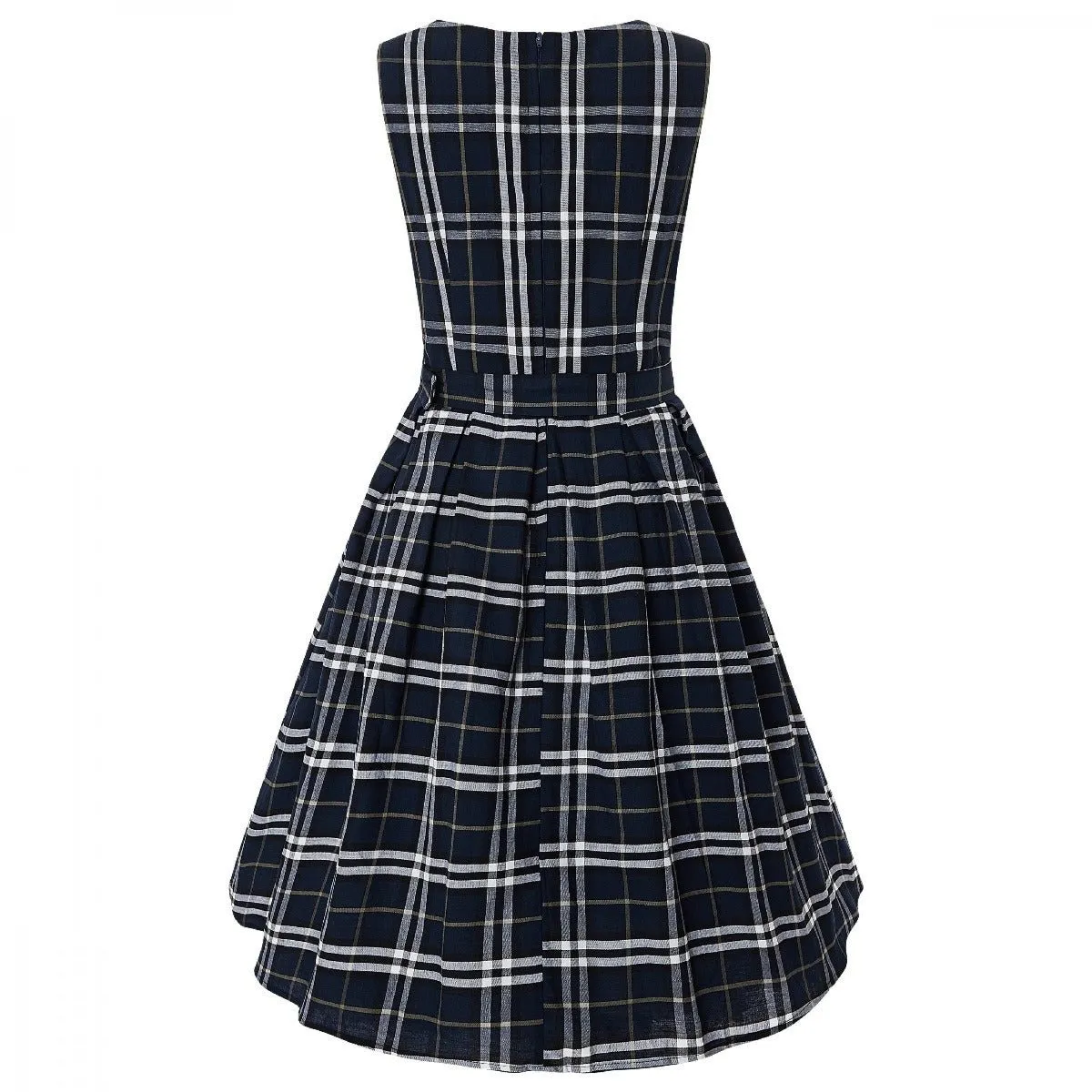 Annie Retro Tartan Sleeveless Swing Dress in Navy Blue