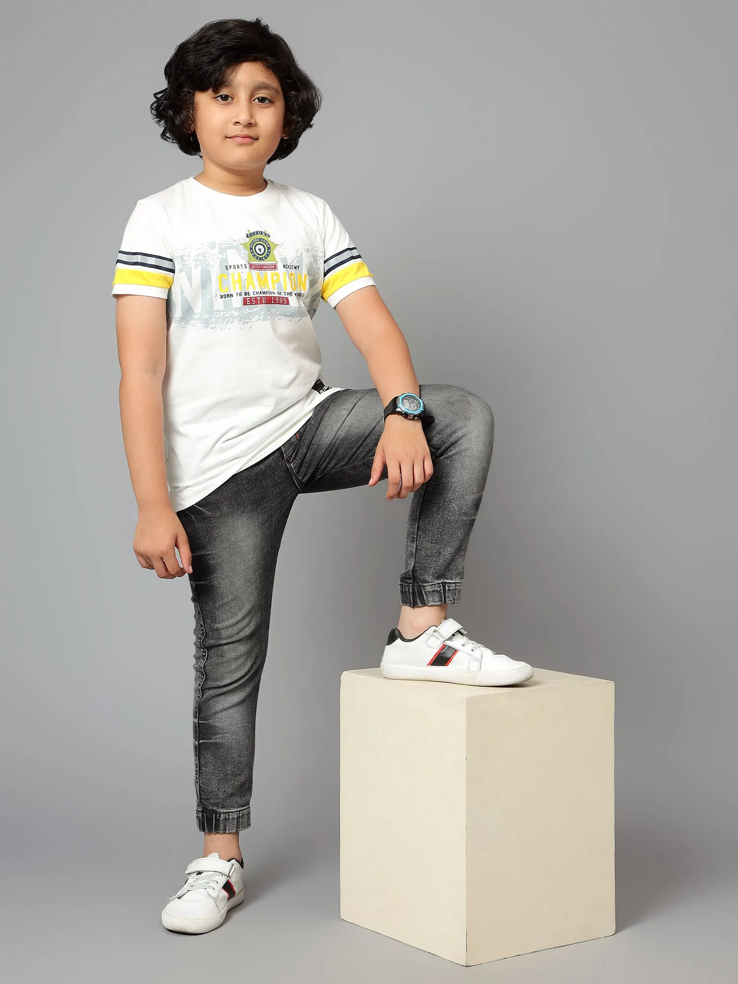 Boys Casual White Half Sleeve color block  T-Shirt