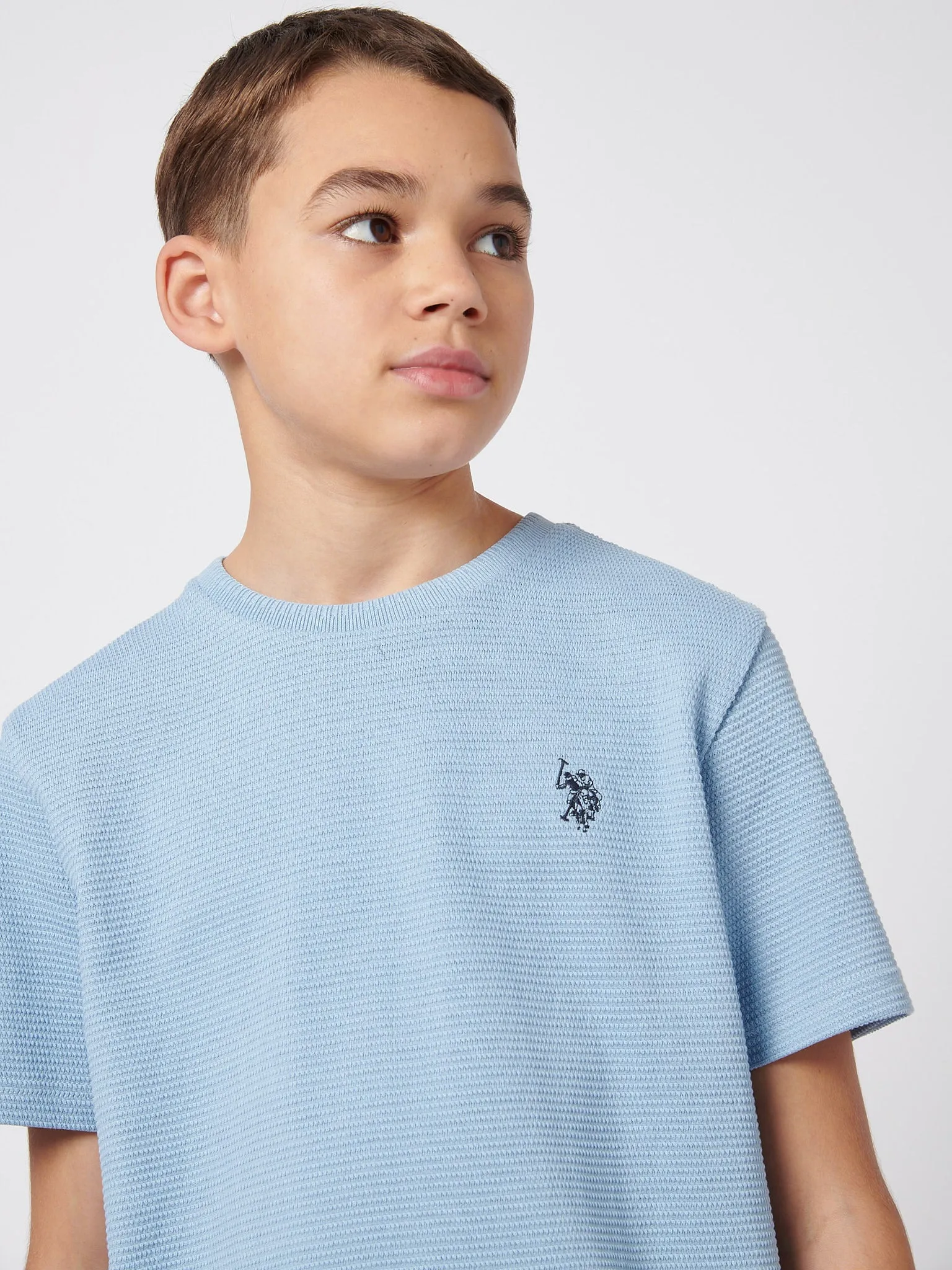 Boys Texture Double Horsemen T-Shirt in Chambray Blue