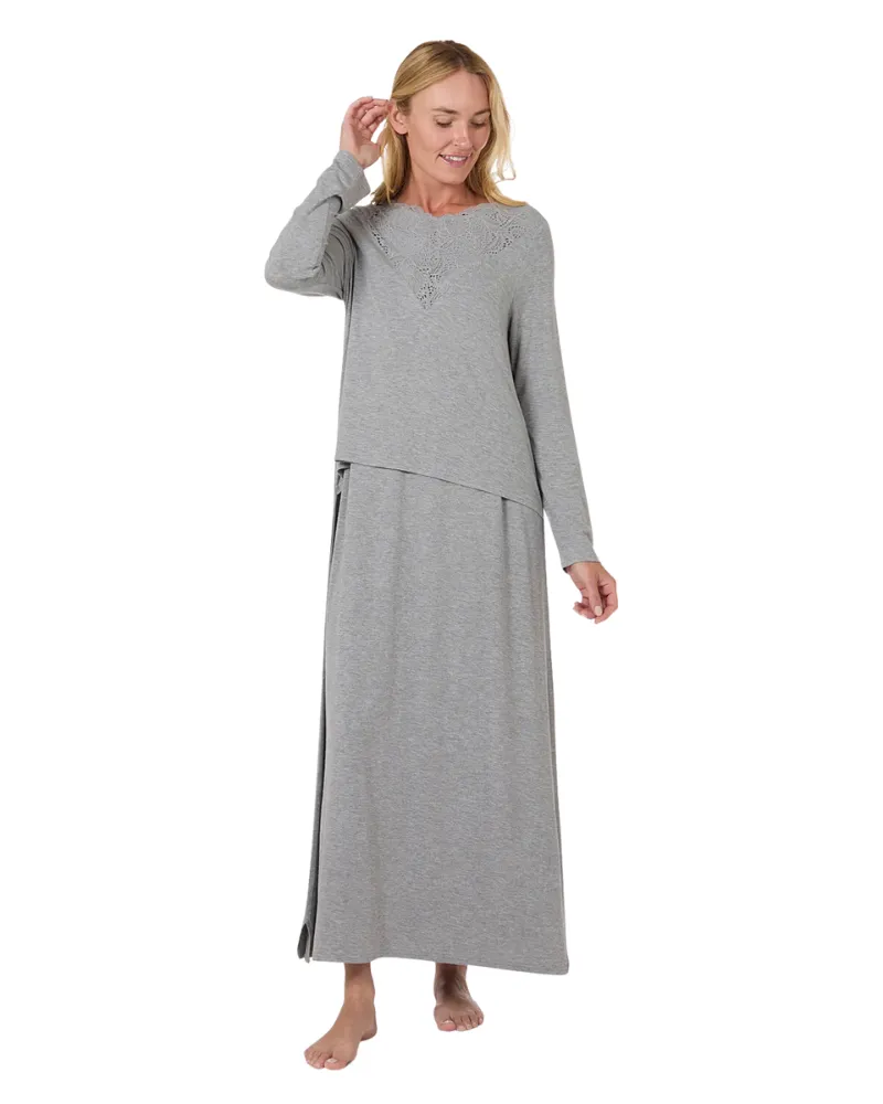 CNL08820 Heather Grey Lace Trimmed Modal Nursing Nightgown