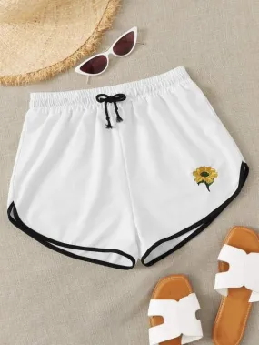 Contrast Binding Daisy Embroidery Track Shorts