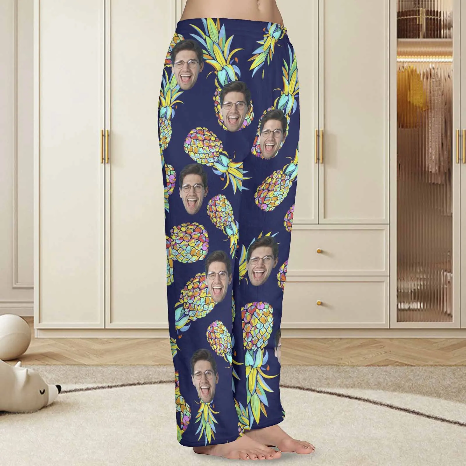 Coral Fleece Pajama Trousers-Custom Face Pineapple Print Warm and Comfortable Sleepwear Long Pajama Pants For Men Women