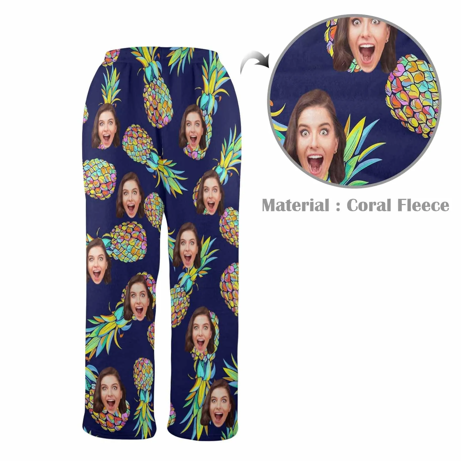 Coral Fleece Pajama Trousers-Custom Face Pineapple Print Warm and Comfortable Sleepwear Long Pajama Pants For Men Women