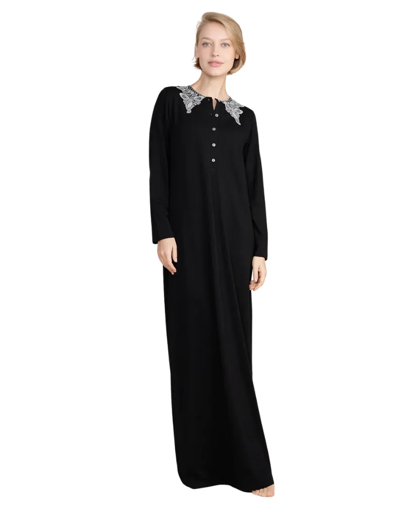 Ellwi Lace Collar Black Button Down Cotton Nightgown