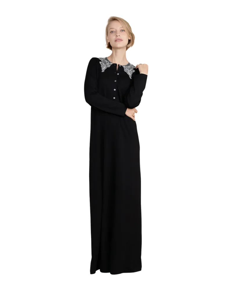 Ellwi Lace Collar Black Button Down Cotton Nightgown