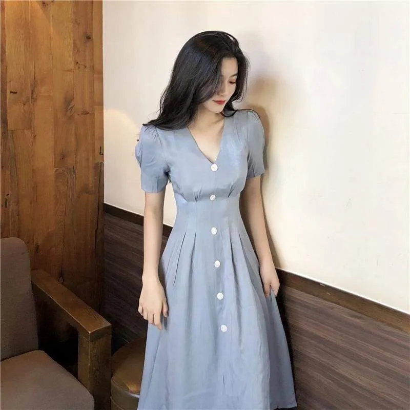 FashionSierra - Summer Vintage V-neck Single Breasted Dress Women's Lovely Dresses