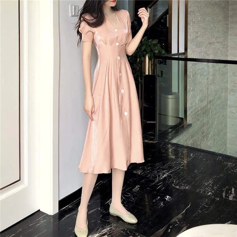 FashionSierra - Summer Vintage V-neck Single Breasted Dress Women's Lovely Dresses