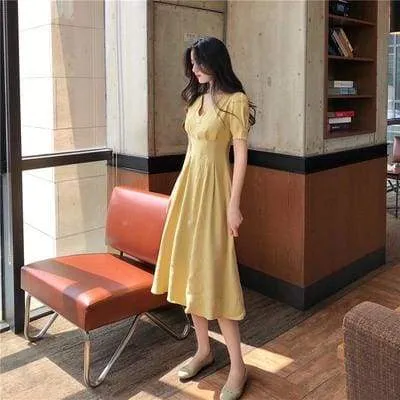 FashionSierra - Summer Vintage V-neck Single Breasted Dress Women's Lovely Dresses