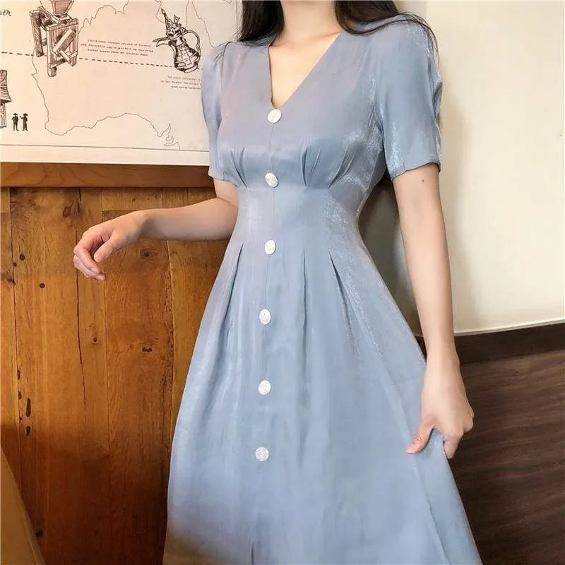 FashionSierra - Summer Vintage V-neck Single Breasted Dress Women's Lovely Dresses