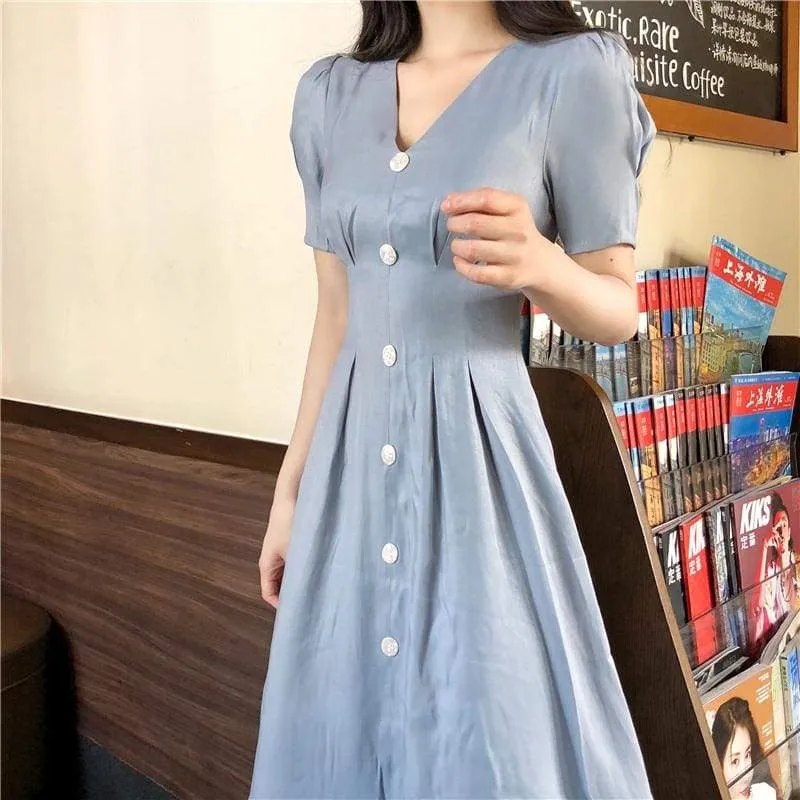 FashionSierra - Summer Vintage V-neck Single Breasted Dress Women's Lovely Dresses