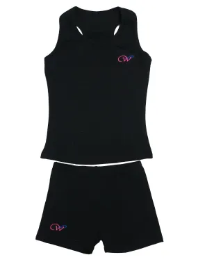 Girls Black Cotton Gymnastic Training Tank Top Shorts 2 Pc Set 9M-8