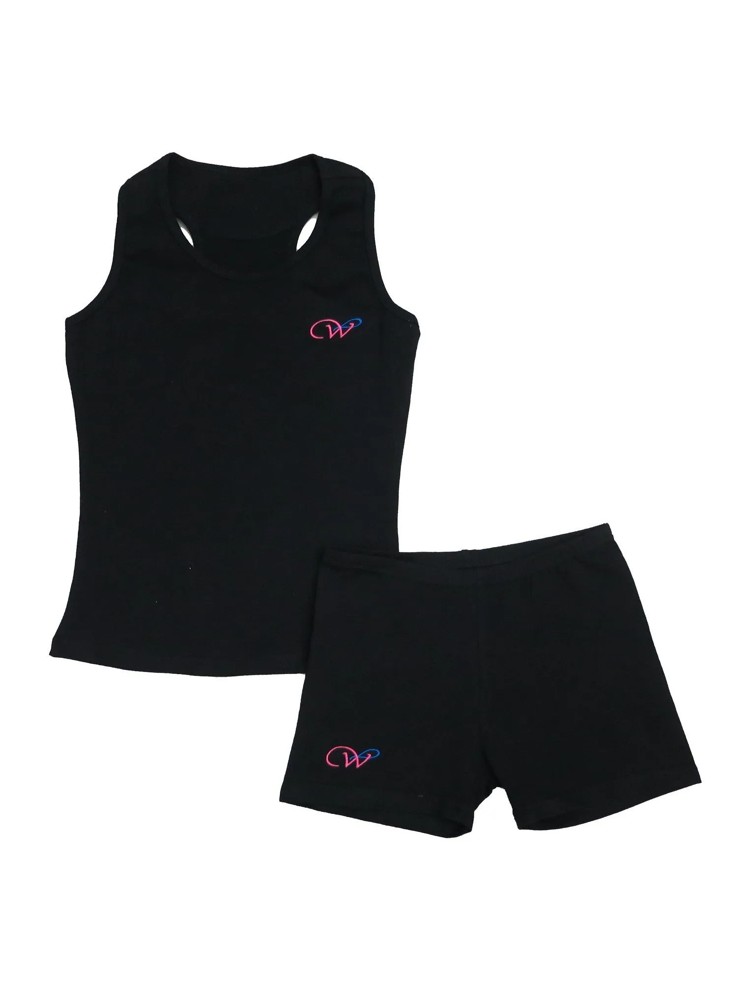 Girls Black Cotton Gymnastic Training Tank Top Shorts 2 Pc Set 9M-8