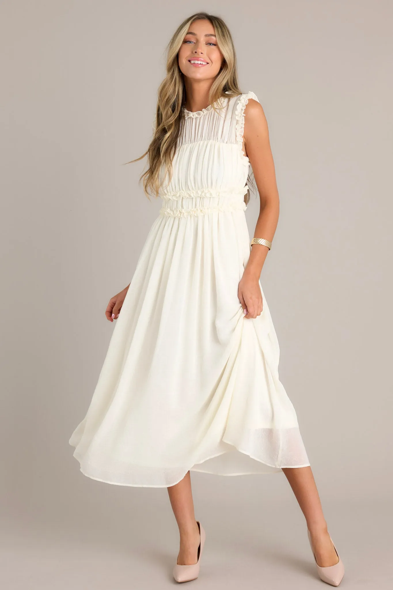 Graceful Gathering Ivory Sleeveless Midi Dress