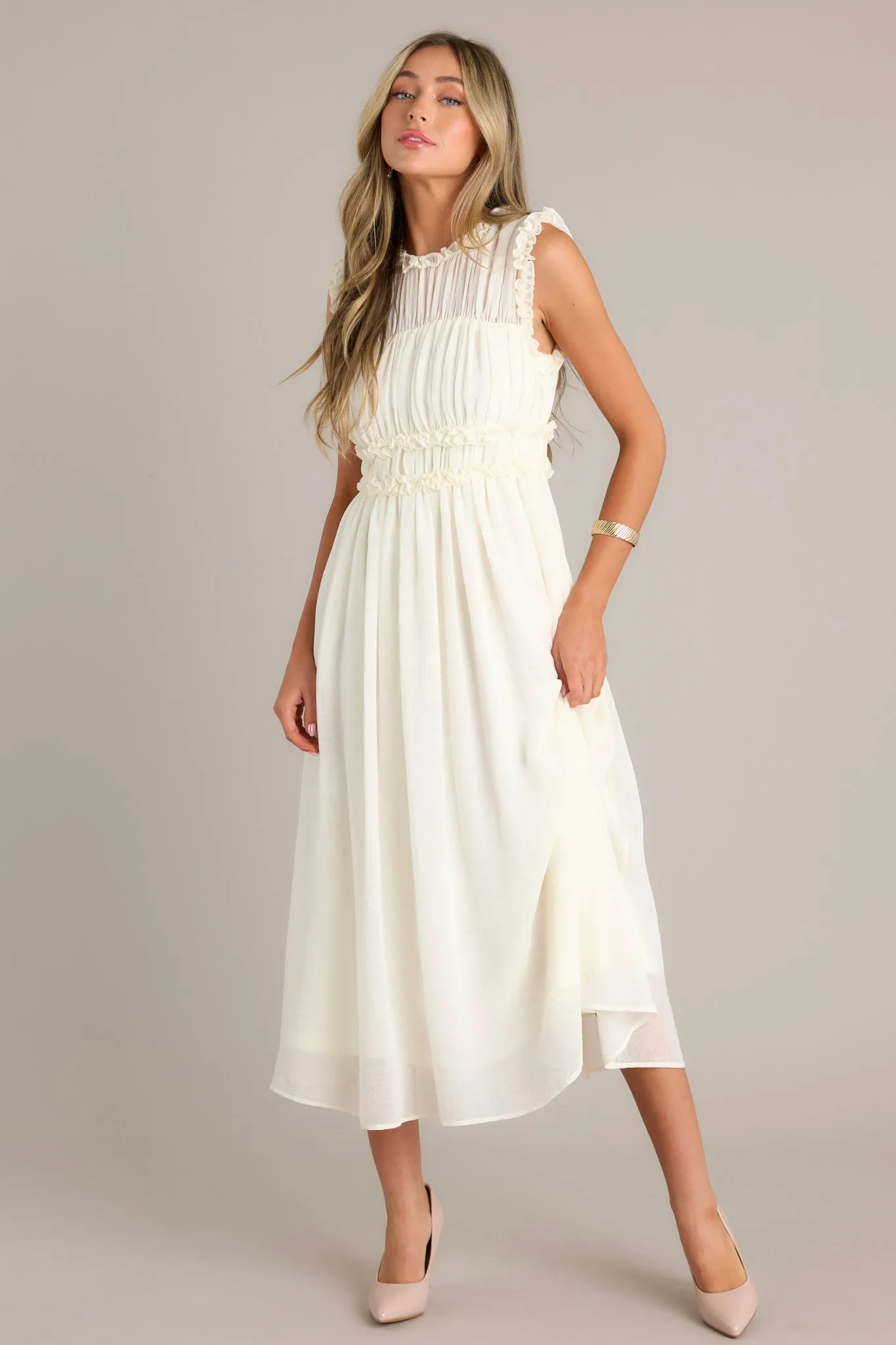 Graceful Gathering Ivory Sleeveless Midi Dress