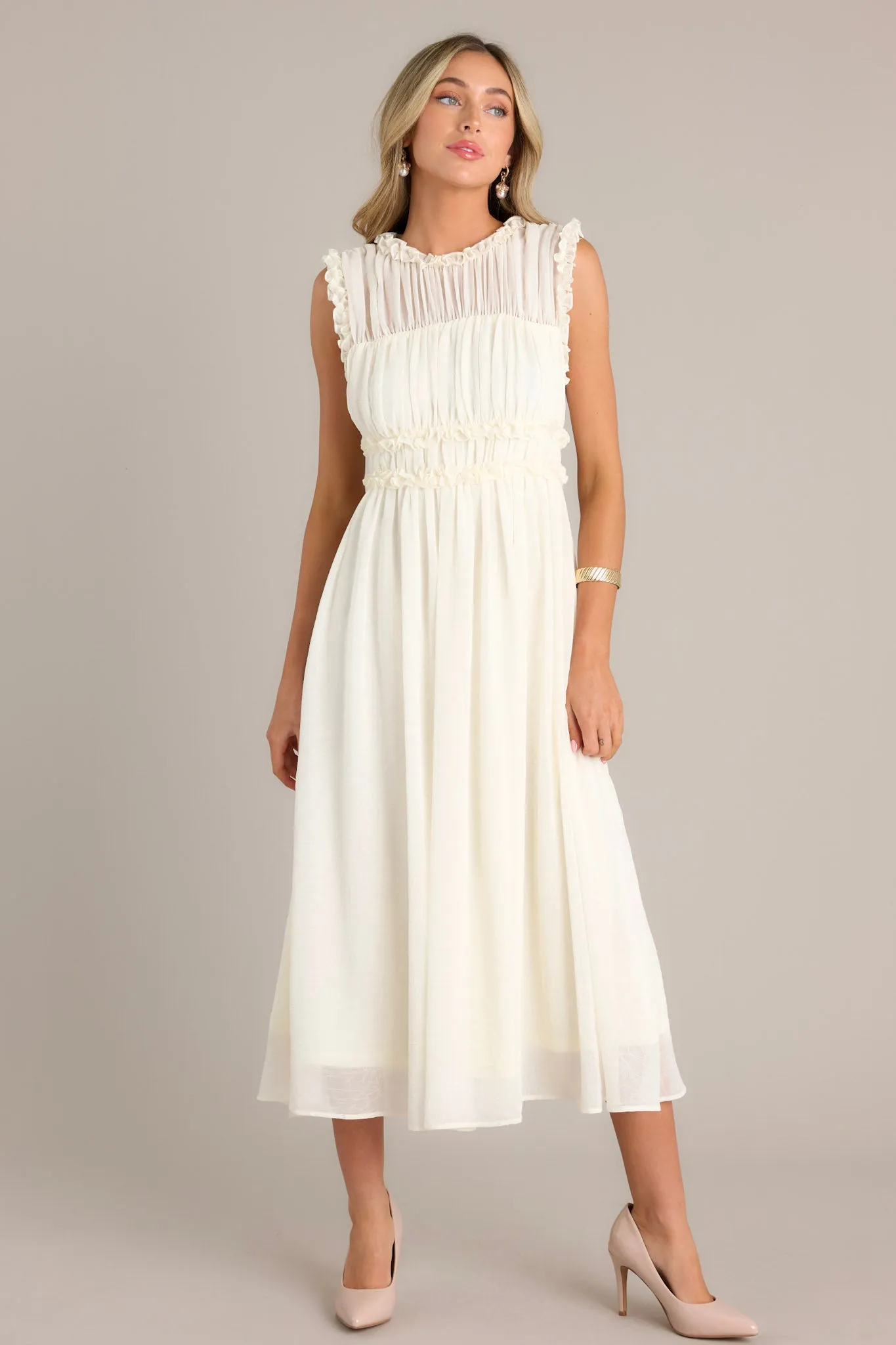 Graceful Gathering Ivory Sleeveless Midi Dress