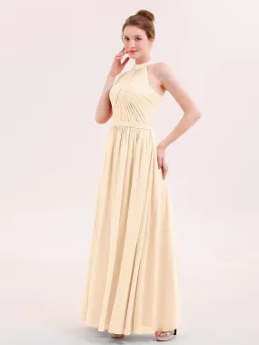 Halter Chiffon Long Bridesmaid Gown with Belt Peach Plus Size