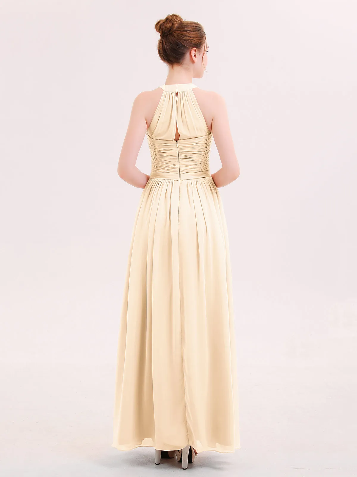 Halter Chiffon Long Bridesmaid Gown with Belt Peach Plus Size