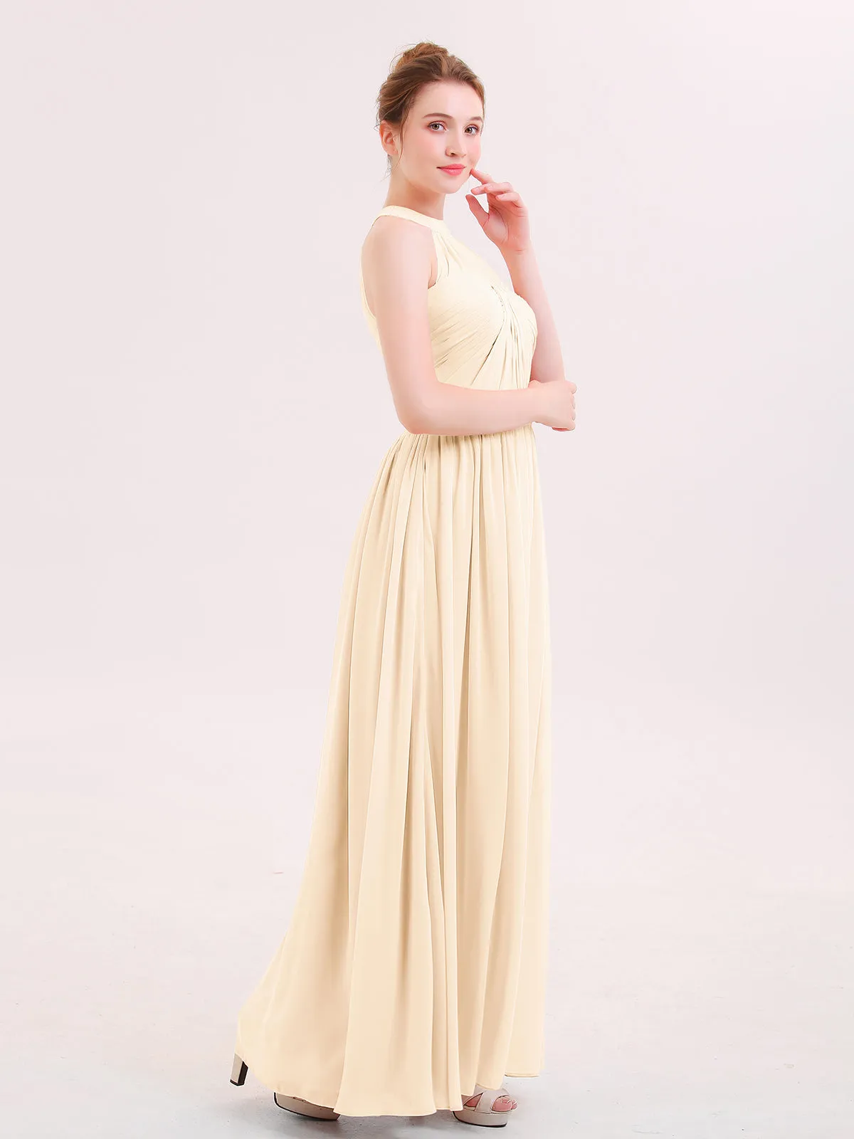 Halter Chiffon Long Bridesmaid Gown with Belt Peach Plus Size