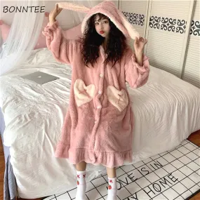 Joskaa Christmas Gift Nightgowns Women Winter Thick Coral Velvet Kawaii Rabbit Ears Pocket Girls Homewear Korean Fashion Femme Sleepshirts Nightdress