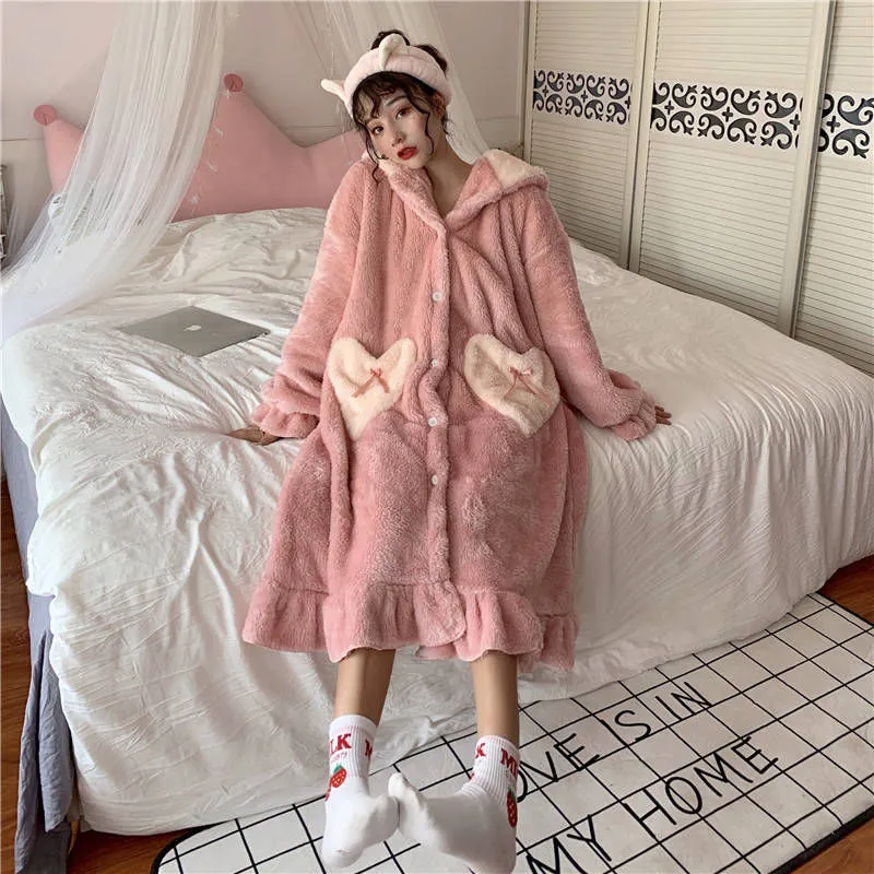 Joskaa Christmas Gift Nightgowns Women Winter Thick Coral Velvet Kawaii Rabbit Ears Pocket Girls Homewear Korean Fashion Femme Sleepshirts Nightdress