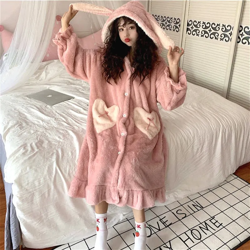 Joskaa Christmas Gift Nightgowns Women Winter Thick Coral Velvet Kawaii Rabbit Ears Pocket Girls Homewear Korean Fashion Femme Sleepshirts Nightdress