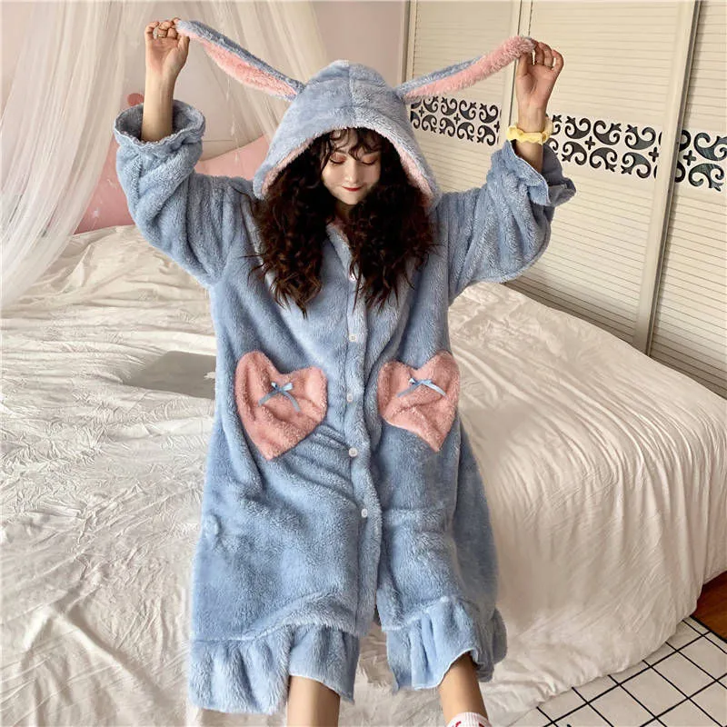 Joskaa Christmas Gift Nightgowns Women Winter Thick Coral Velvet Kawaii Rabbit Ears Pocket Girls Homewear Korean Fashion Femme Sleepshirts Nightdress