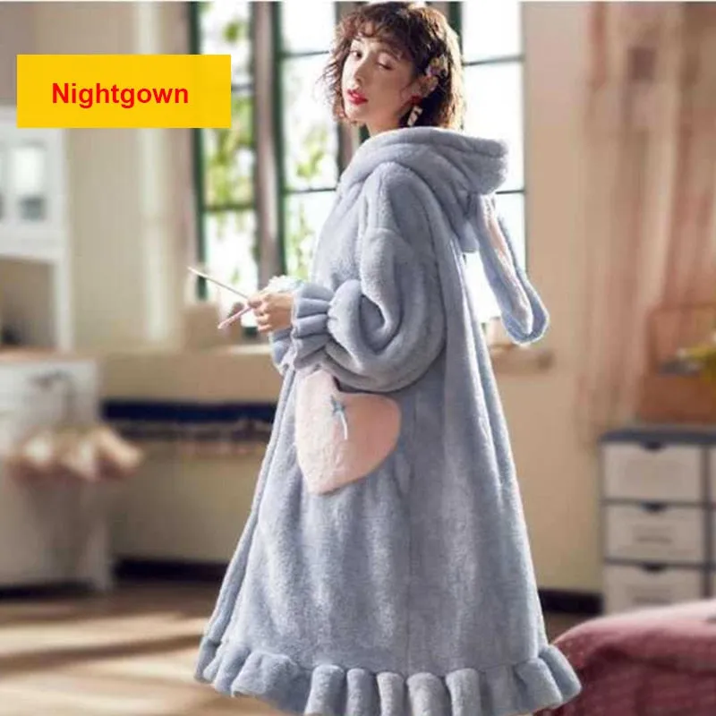 JuliaFashion - 2024 Winter Flannel Hooded Nightgowns Rabbit Hat Pajamas Set