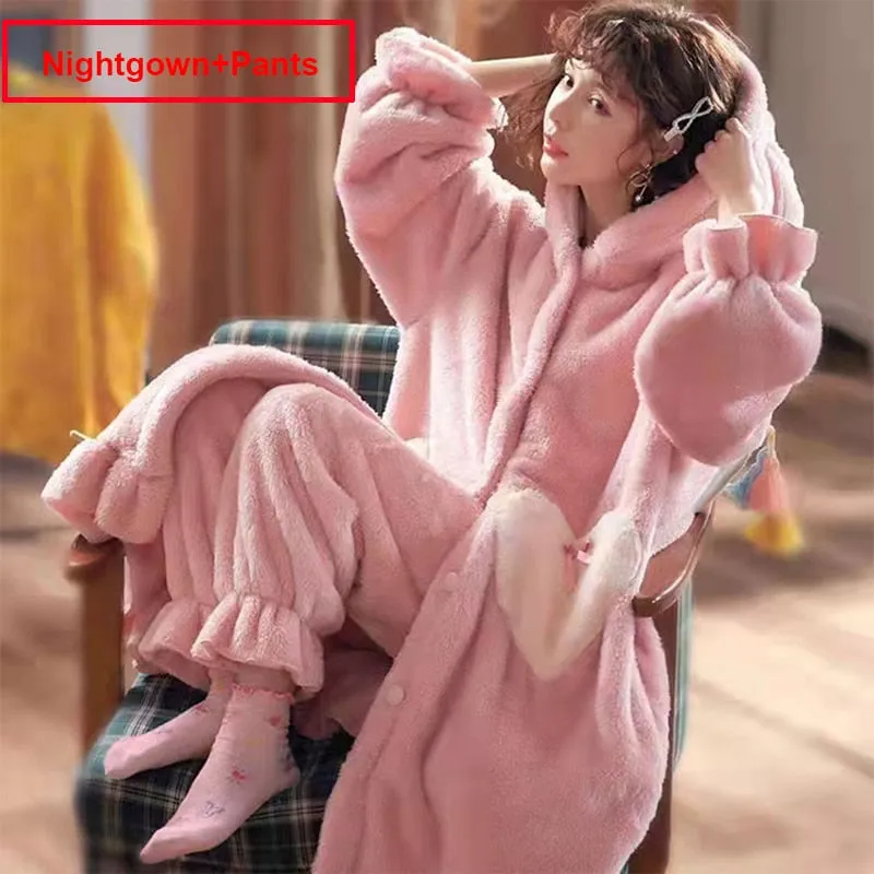 JuliaFashion - 2024 Winter Flannel Hooded Nightgowns Rabbit Hat Pajamas Set