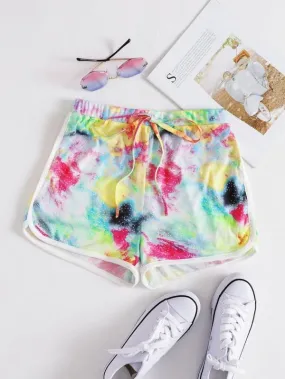 Knot Front Contrast Binding Tie Dye Dolphin Shorts