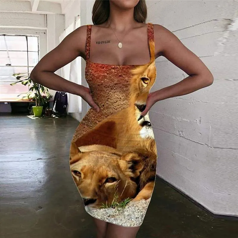 Lion Dresses Women Animal Halter Sleeveless Anime Vestido Sexy Lovely Bodycon Dress Family 3d Print