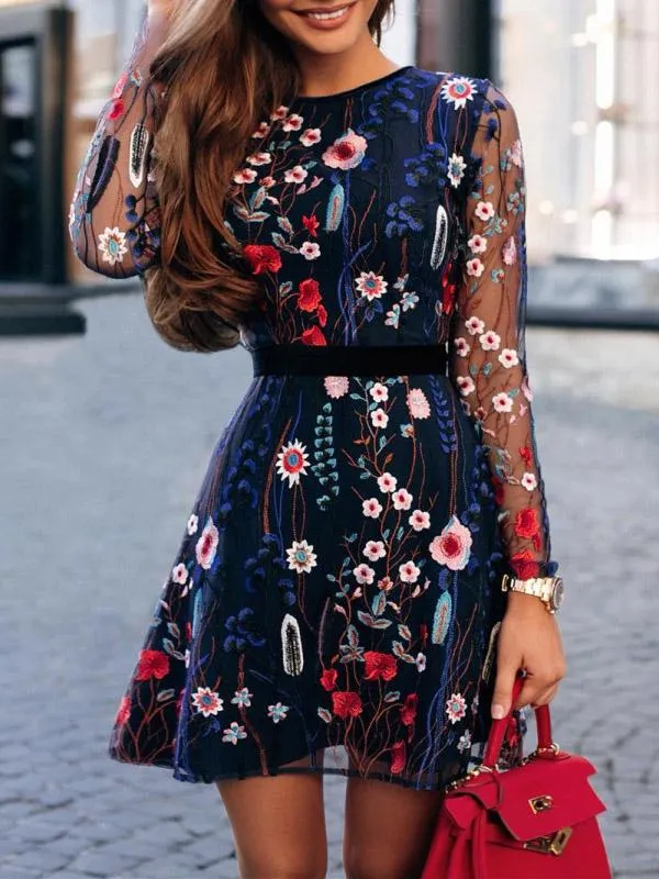 Lovely Long Sleeves Floral Mini Dress