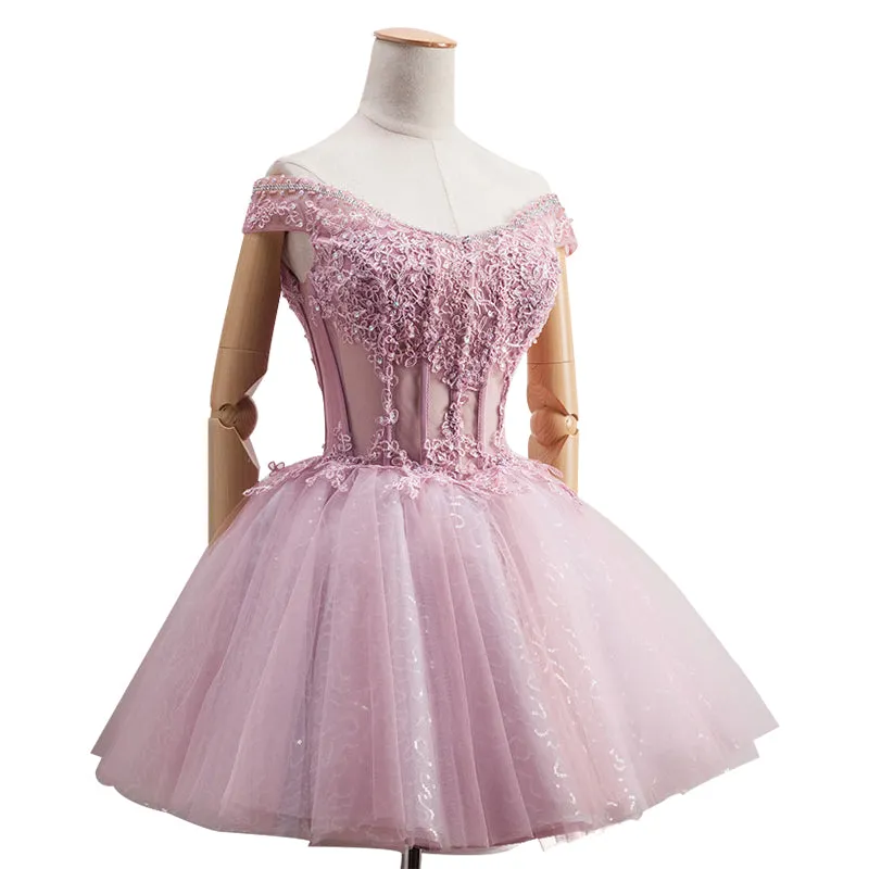 Lovely Tulle Light Pink-Purple Mini Party Dress, Lovely Off Shoulder Lace-up Homecoming Dress