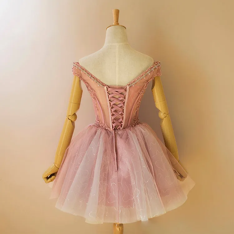 Lovely Tulle Light Pink-Purple Mini Party Dress, Lovely Off Shoulder Lace-up Homecoming Dress