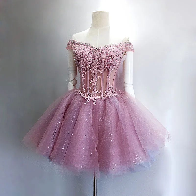 Lovely Tulle Light Pink-Purple Mini Party Dress, Lovely Off Shoulder Lace-up Homecoming Dress