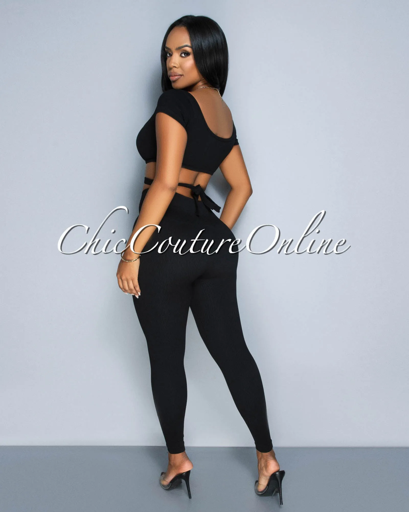 *Milenna Black Crop Top & Leggings Ribbed Sculpting Set