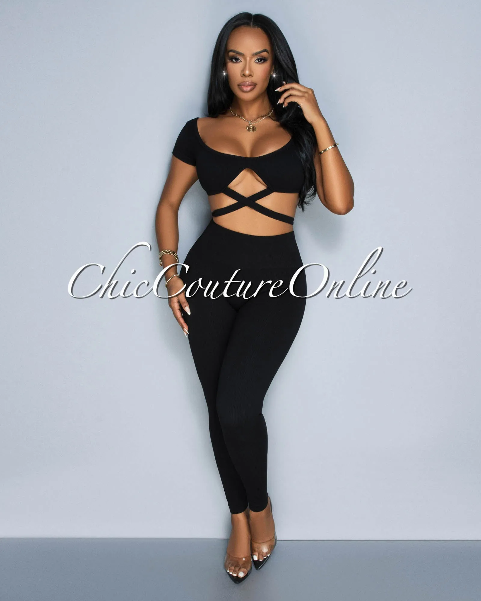 *Milenna Black Crop Top & Leggings Ribbed Sculpting Set