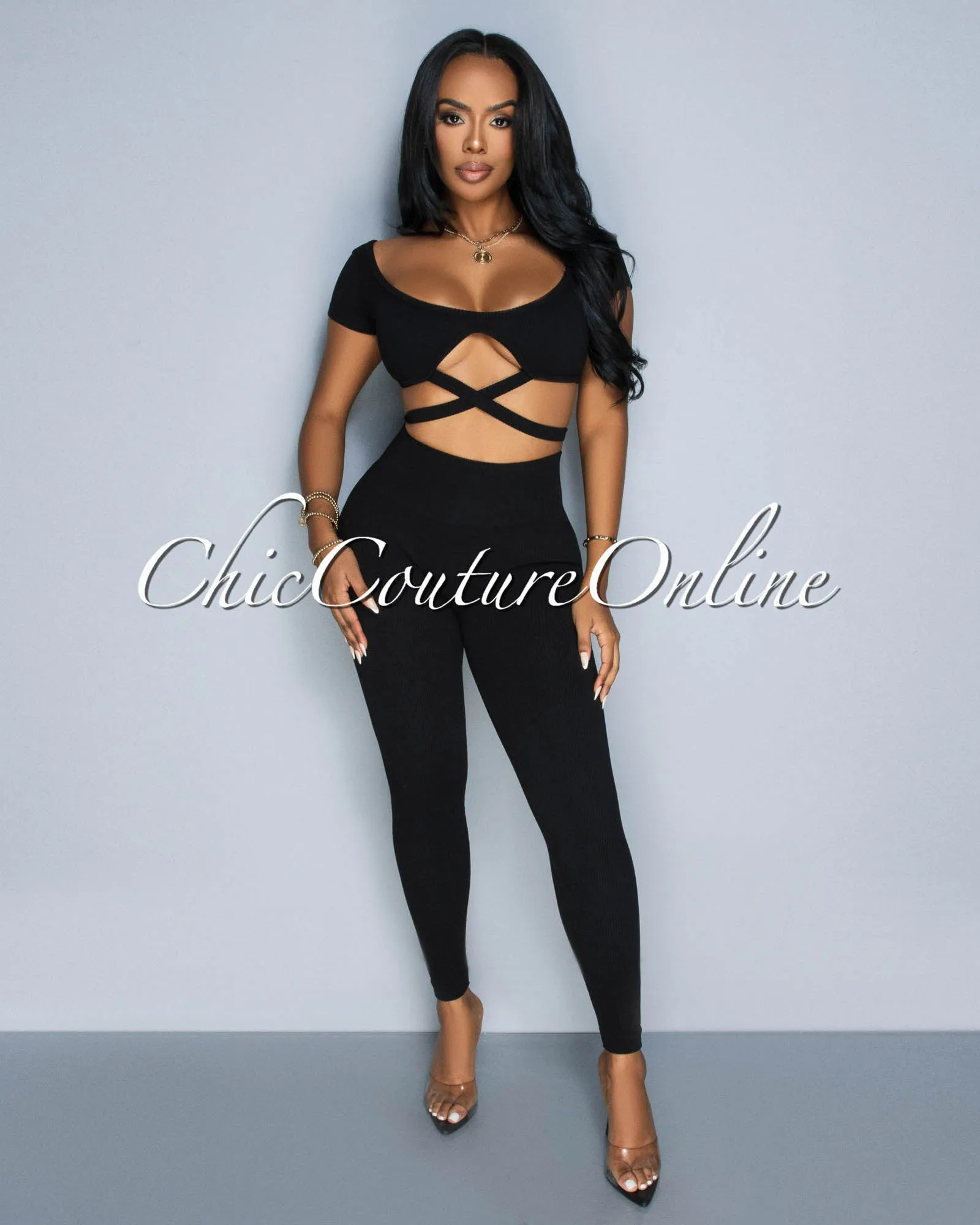 *Milenna Black Crop Top & Leggings Ribbed Sculpting Set