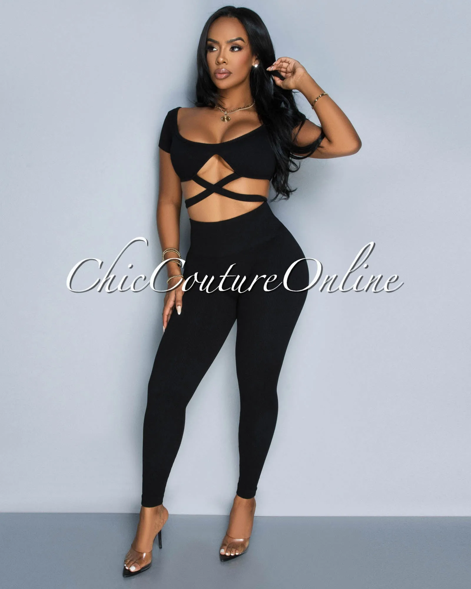 *Milenna Black Crop Top & Leggings Ribbed Sculpting Set