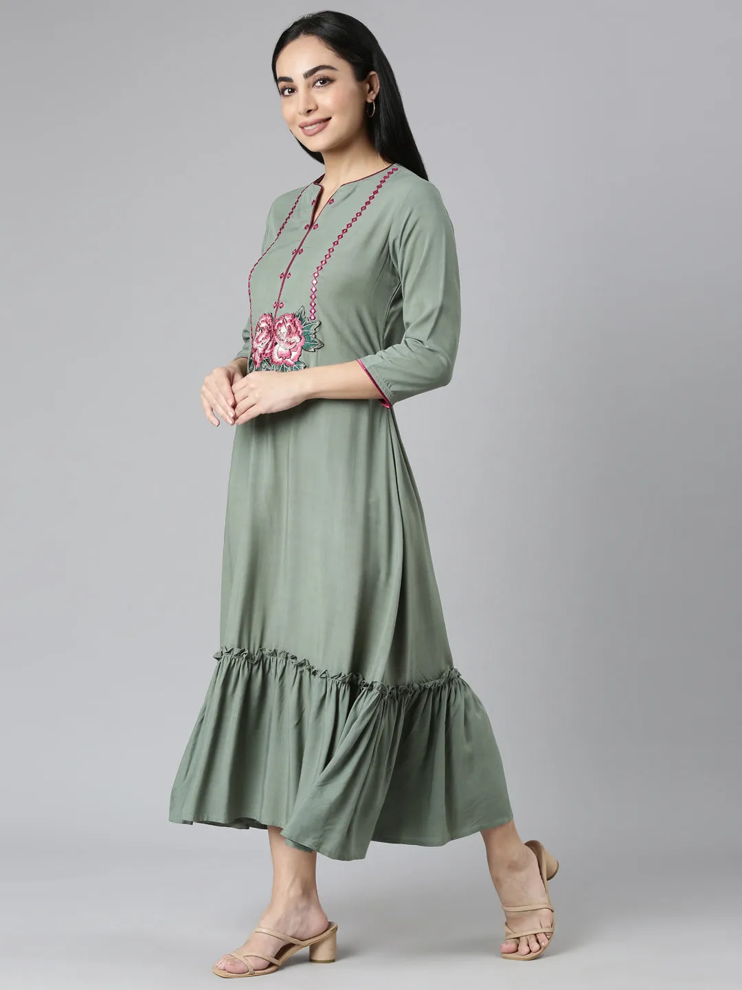 Neerus Green Flared Casual Solid Maxi Dresses