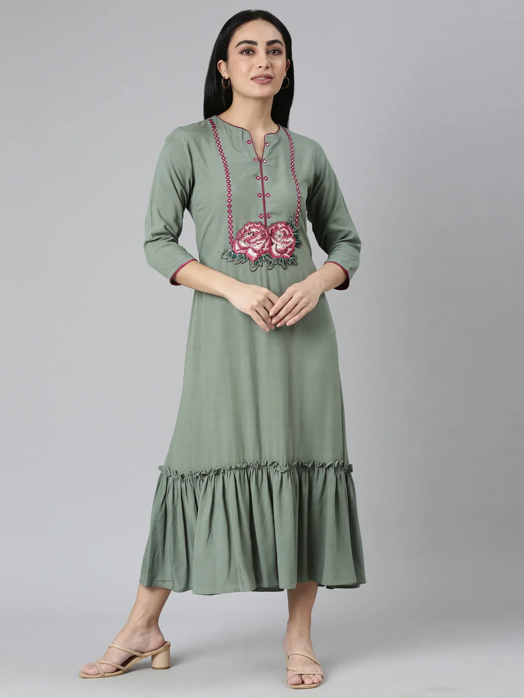 Neerus Green Flared Casual Solid Maxi Dresses