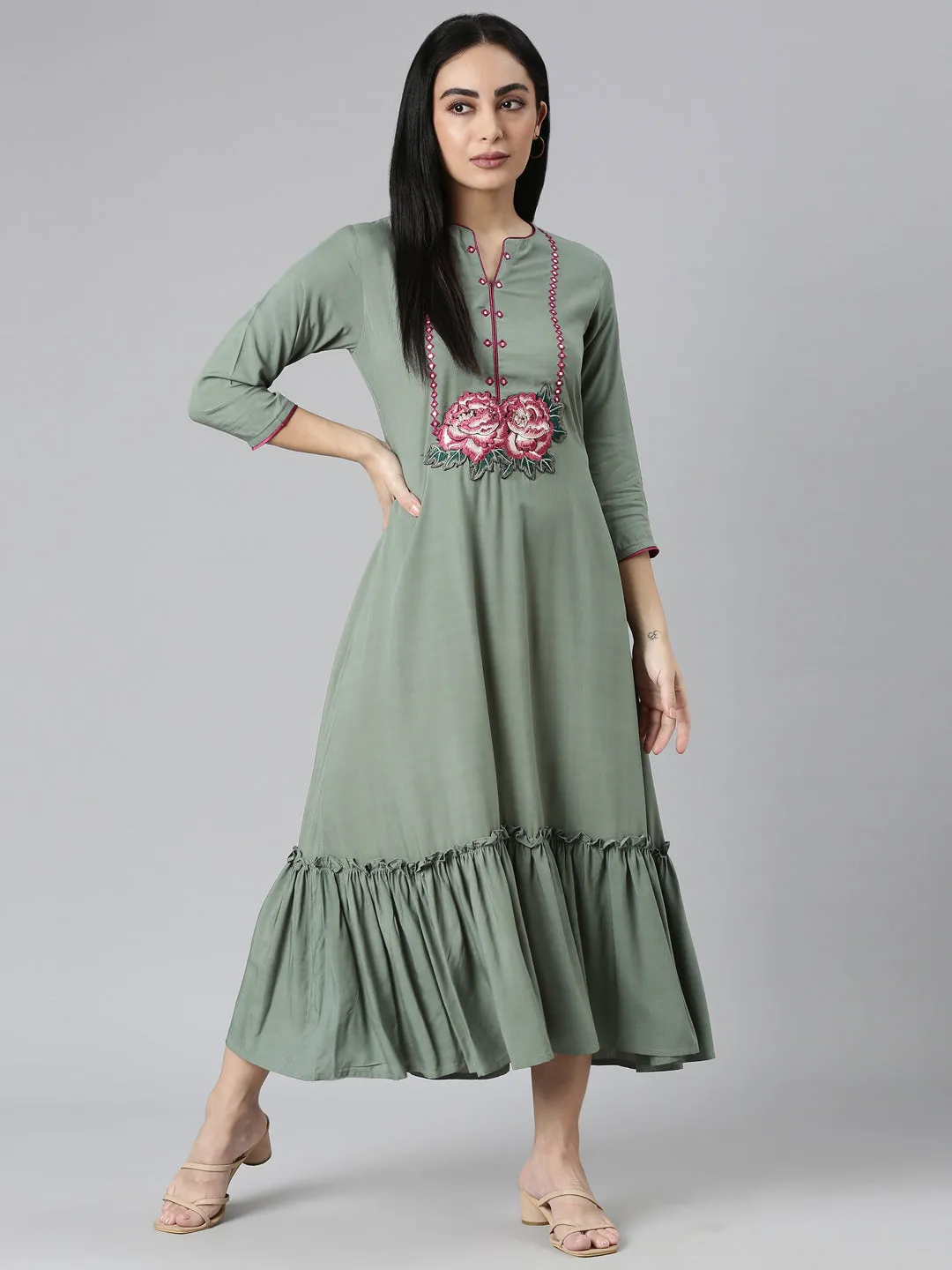 Neerus Green Flared Casual Solid Maxi Dresses