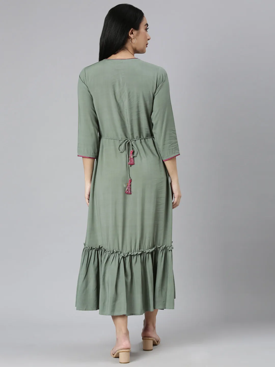 Neerus Green Flared Casual Solid Maxi Dresses