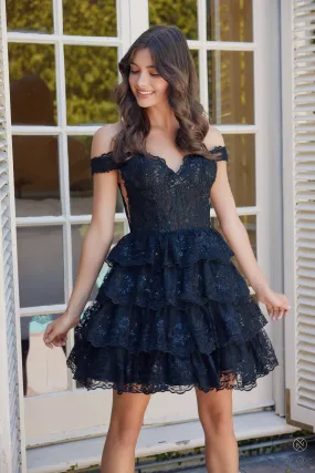 Nox Anabel R877 Off Shoulder Lace Applique Tiered Short Dress