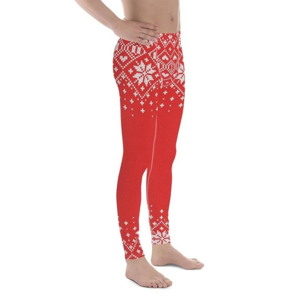 Red Knitted Print Christmas Men's Leggings